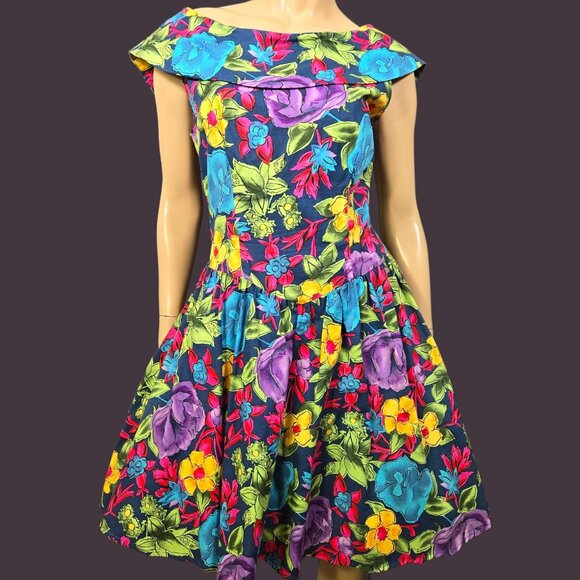 Vintage 80s Floral Swing Dress Size M Crinoline Fit Flare Summer Party Prom - Picture 2 of 12